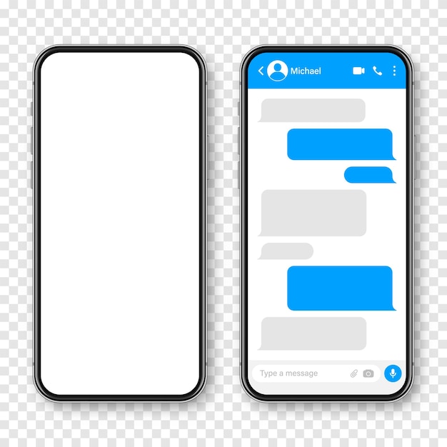 メッセージングアプリを搭載した現実的なスマートフォン ⁇ 空のSMSテキストフレーム ⁇ 会話 ⁇ チャット画面 ⁇ 青色