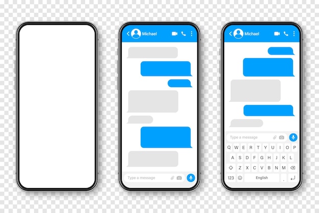 Vettore smartphone realistico con app di messaggistica vuota cornice di testo sms conversazione schermo di chat con blu