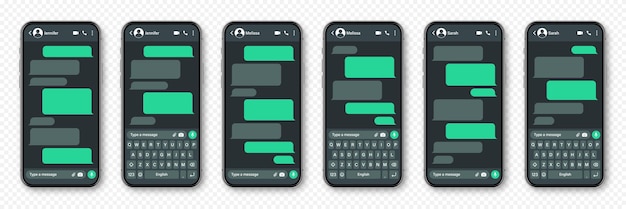 Realistic smartphone with messaging app blank sms text frame conversation chat screen with green