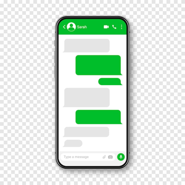 Vettore smartphone realistico con app di messaggistica frame di conversazione di testo sms vuoto schermo di chat con verde