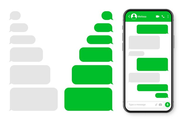 Vettore smartphone realistico con app di messaggistica frame di conversazione di testo sms vuoto schermo di chat con verde