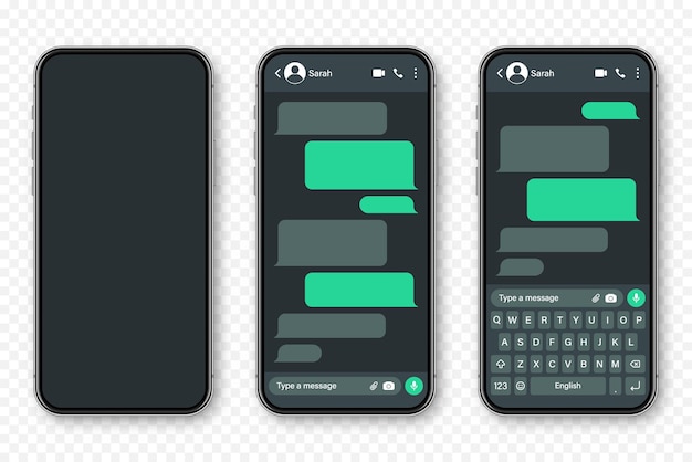 Smartphone realistico con app di messaggistica frame di conversazione di testo sms vuoto schermo di chat con verde