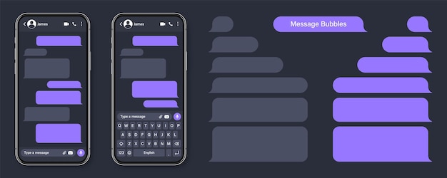 Vettore smartphone realistico con app di messaggistica, cornice di conversazione sms vuota, schermo di chat con viola