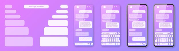 Realistic smartphone with messaging app on colorful violet background blank sms text frame chat screen with transparent message bubbles social media application vector illustration