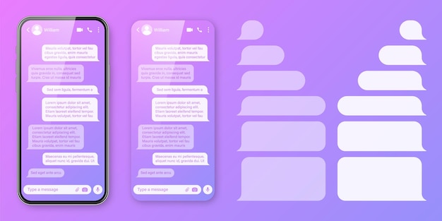 다채로운 보라색 배경에 메시징 앱을 가진 현실적인 스마트폰 빈 SMS 텍스트 프레임 채팅