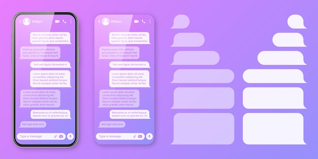 Vector realistic smartphone with messaging app on colorful violet background blank sms text frame chat