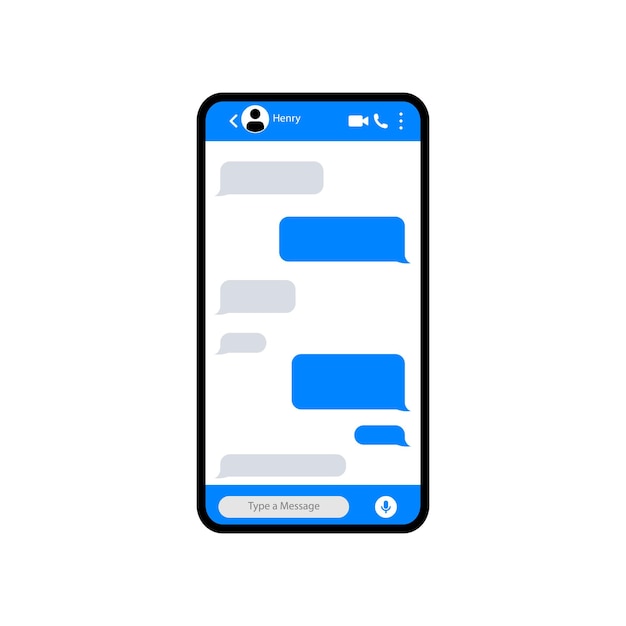 Realistic smartphone with messaging app Conversation chat screen with blue message bubbles