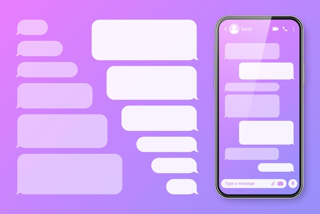 ベクトル リアルなスマートフォン メッセージ アプリ 紫色の背景の空白 sms テキスト フレーム チャット