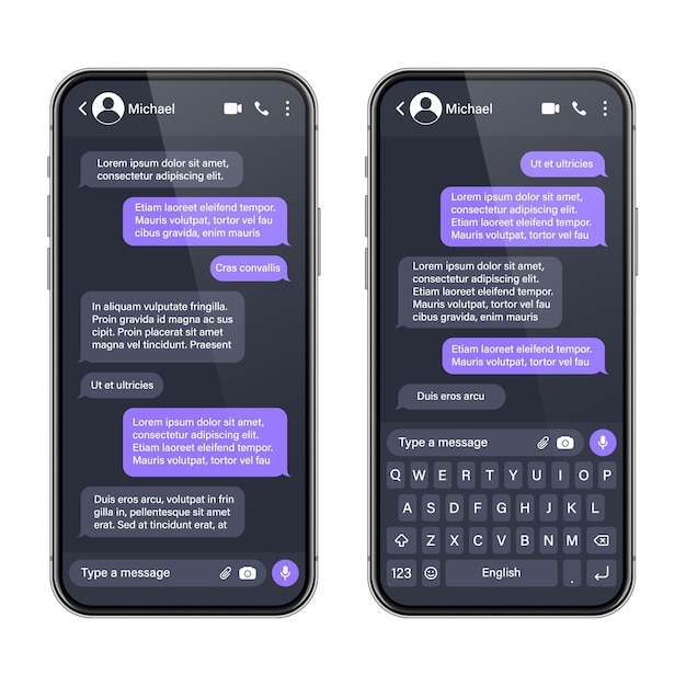 Vettore smartphone realistico con app di messaggistica sms cornice di conversazione di testo schermo di chat con messaggio viola