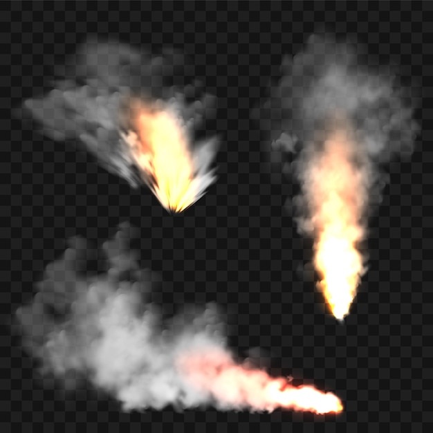 Вектор Реалистичные облака дыма и пламени огня взрыв взрыв поток дыма от горящих объектов леса