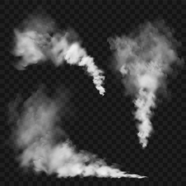 Vector realistic smoke clouds stream of smoke from burning objects transparent fog effect white steam mist