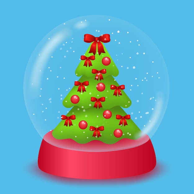 Realistic snow globe with a decorated Christmas tree inside. Festive glass ball template. Decorative