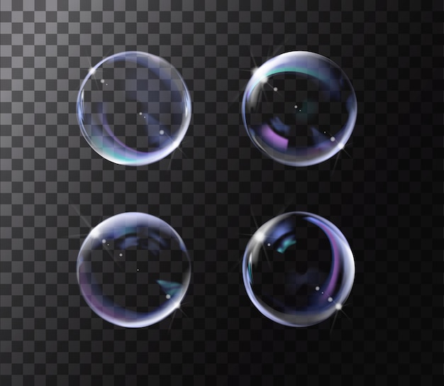 Realistic soap bubble with rainbow colors on black background Soap Bubble set with glares Bubbles illustration vector