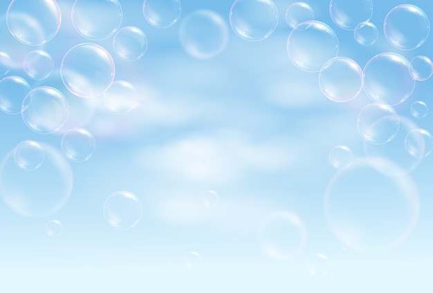 Vector realistic soap bubbles flying on the blue background with clouds illustration