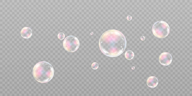 Realistic soap bubbles with iridescent reflection and highlights. On a transparent background.