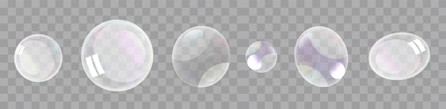 Realistic soap bubbles with rainbow reflection set isolated.