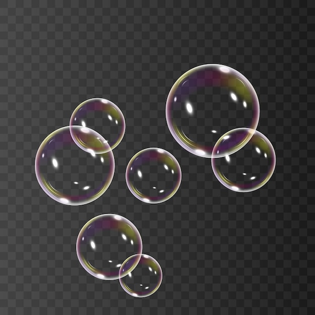 Realistic soap bubbles with rainbow reflection set