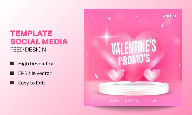 Realistic Social Media Template for Valentines Day with Text Effect and Podium