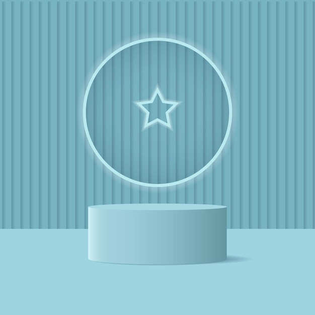 Realistic soft blue 3D cylindrical pedestal podium with vertical line textured star logo