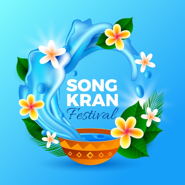 Vettore illustrazione realistica di songkran con arco d'acqua e fiori