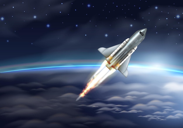 Realistic spacecraft flying in space on background with stars and clouds vector illustration