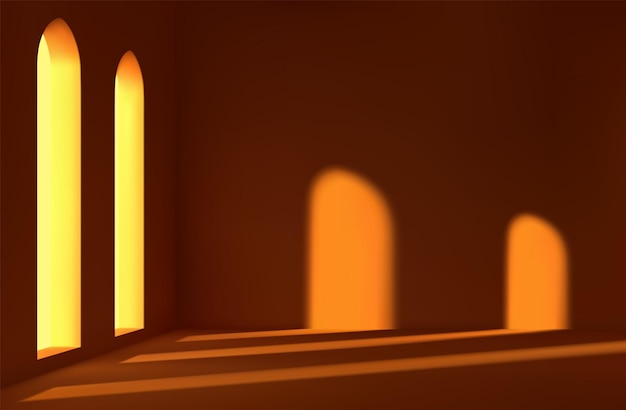 realistic spacious 3d room with large windows. empty room falls shadow of sunlight. vector illustration