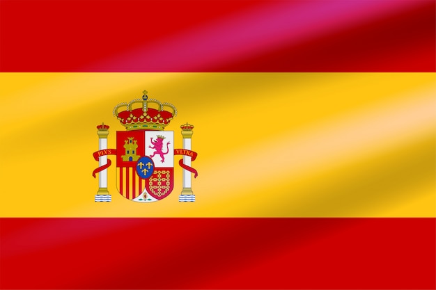 Vector realistic spanish flag developing in the wind with coat of arms with crowns, a lion and a castle on the background of a shield. flat vector emblem.