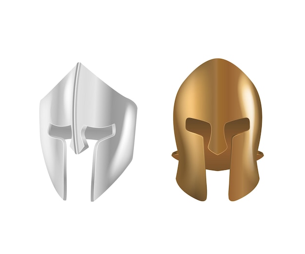 Вектор Реалистичный спартанский древнегреческий бронзовый и серебряный защитный головной убор