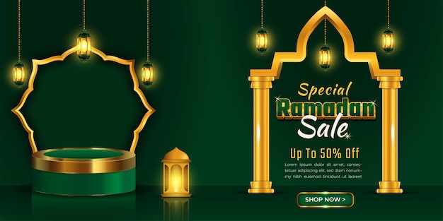 Banner di vendita speciale ramadan realistico con podio dorato verde e cornice scontata vettore premium