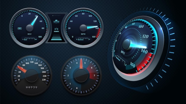 Vector realistic speedometer. sport car dashboard, auto panel with arrows and speed measuring board vector set. illustration speedometer and dashboard, panel vehicle gauge