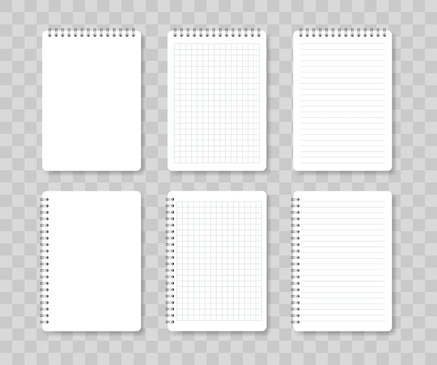 Vettore quaderni a spirale realistici fogli di quaderno a righe ea quadretti