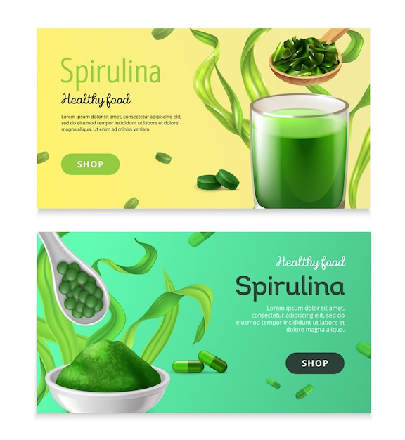 Realistic spirulina banners collection with clickable shop button editable text and seaweed organic products