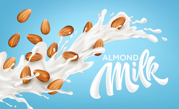 Realistic splash of almond milk on a blue background.