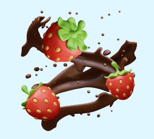 Vector realistic splashes of melted chocolate strawberries dessert advertising concept