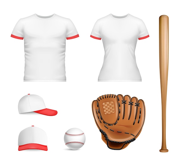 Vettore set di icone di mockup di baseball sportivo realistico da donna e da uomo maglietta da baseball guanto da baseball e illustrazione vettoriale di pipistrello