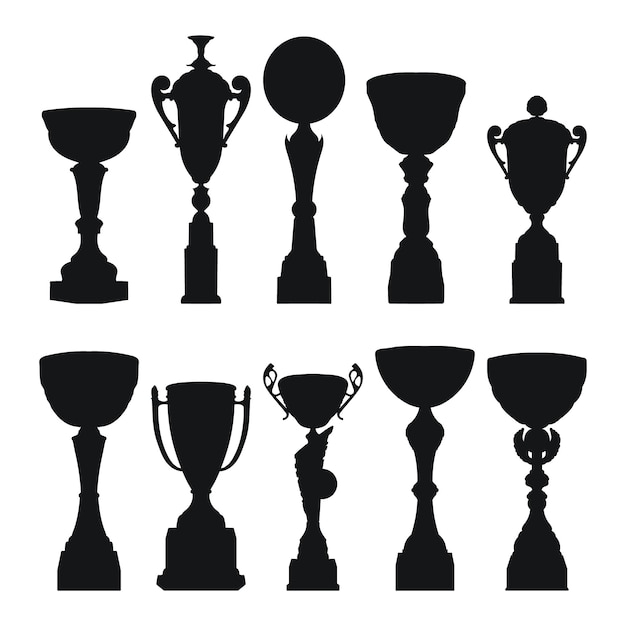 Vector realistic sports trophy winner cup set of premium black design silhouettes vector illustration