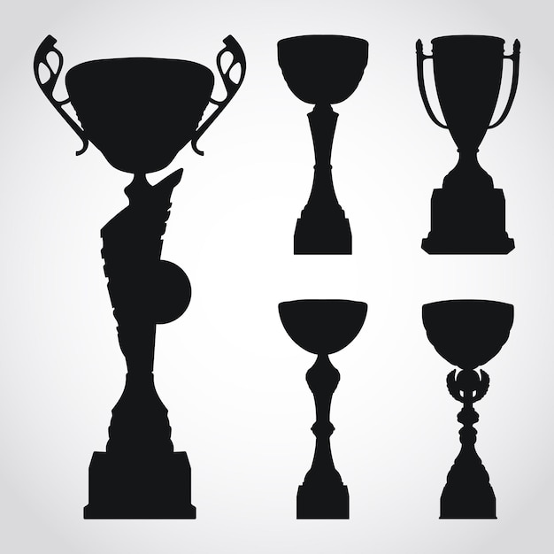 Realistic sports trophy winner cup Set of premium black design silhouettes Vector illustration