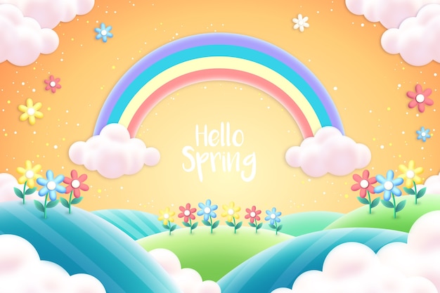 Realistic spring background with rainbow