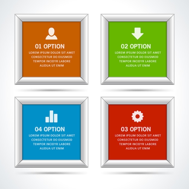Illustrazione vettoriale del modello di schema di infografica aziendale con cornice bianca lucida quadrata realistica