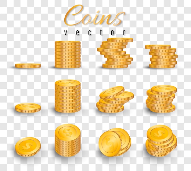 Vettore pila realistica di monete d'oro isolato su sfondo trasparente