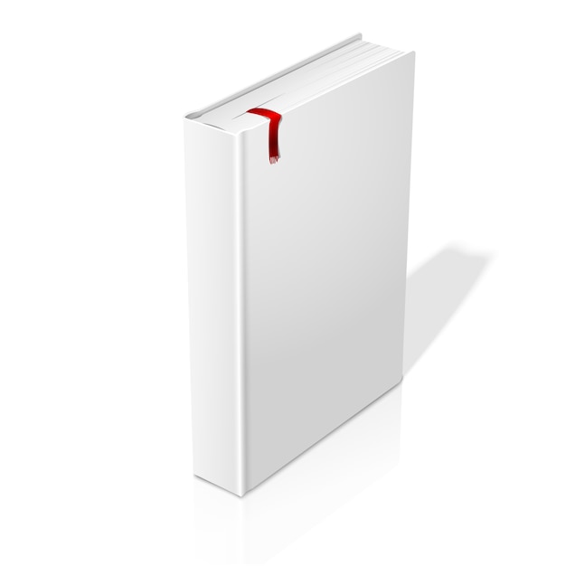 Vettore libro con copertina rigida in bianco bianco in piedi realistico con segnalibro rosso.