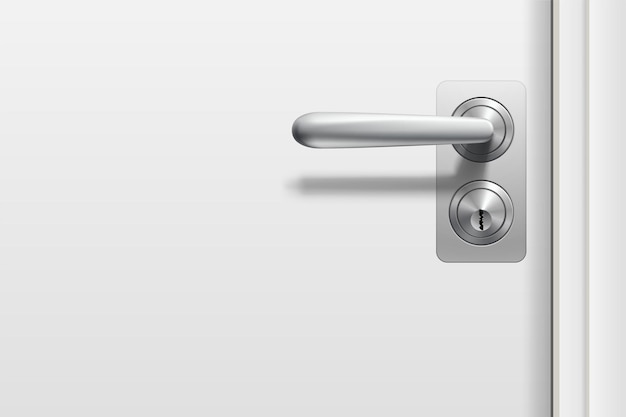Realistic steel door handle on white door