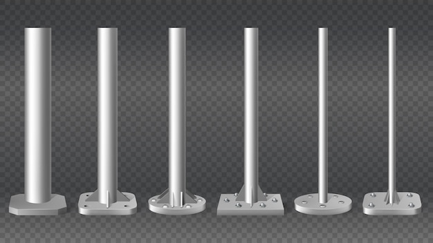 Realistic steel pillars. Metal cylinder pole pipes, 3d steel columns set