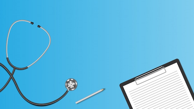 Realistic stethoscope and clipboard isolated on blue background, medical concept background