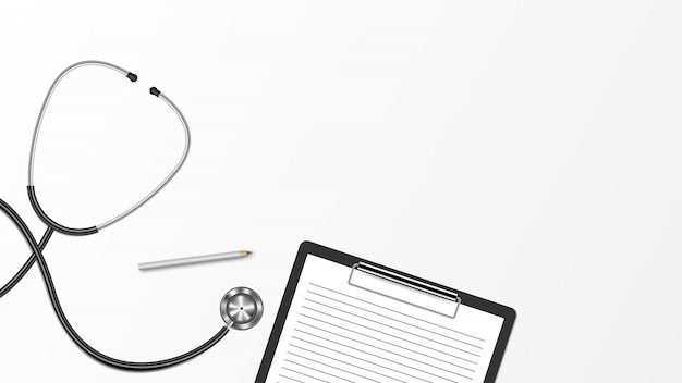 Vector realistic stethoscope and clipboard isolated on white background, medical concept background