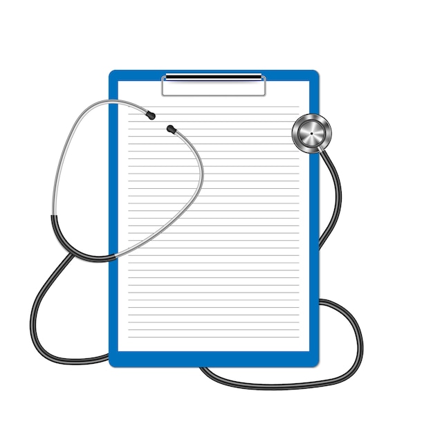 Realistic stethoscope and clipboard isolated on white background, medical concept