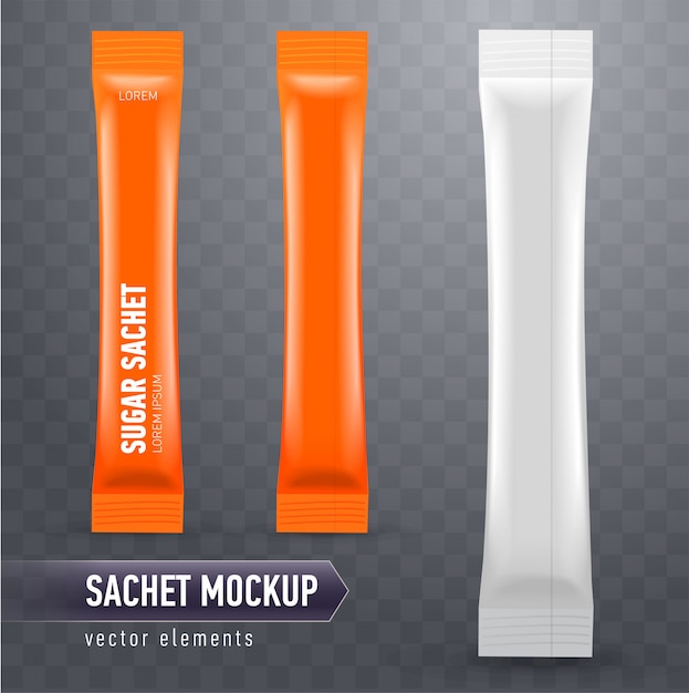 Realistic stick sachets. front and back view. blank packaging for cosmetic or food product.