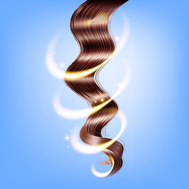 Vector realistic strand of curled shiny long healthy brown hair on blue background vector illustration