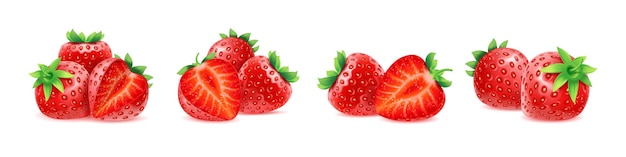 Realistic strawberry berry ripe summer food set