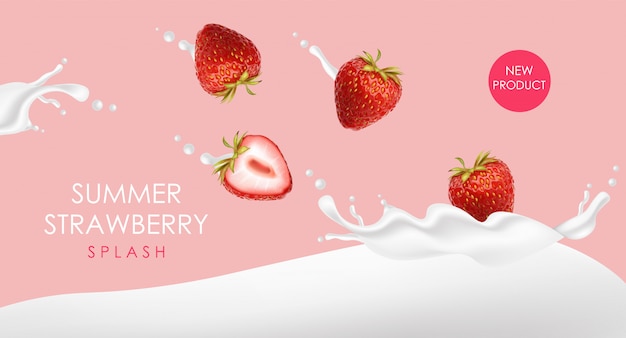 Vector realistic strawberry with splash milk, strawberry yogurt, summer fruit, isolated fruit, summer dessert, illustration